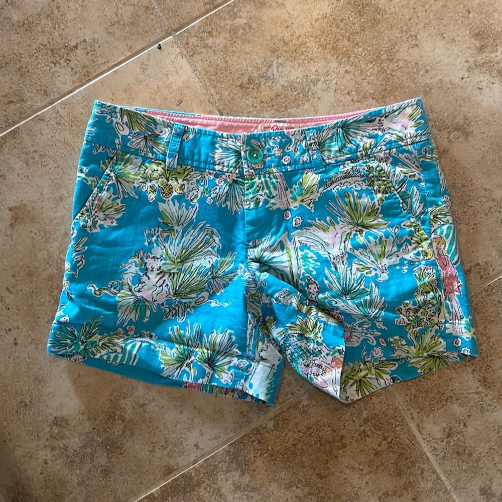 Lilly Pulitzer Originals Jungle Glam Toile Blue Pink Callahan Shorts 4 Womens